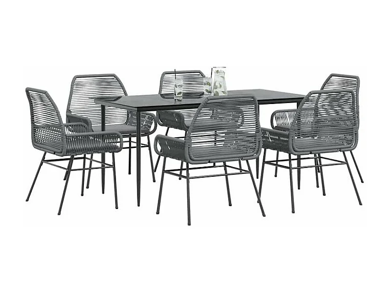 Ensemble à manger jardin coussins 7 pcs gris poly rotin verre
