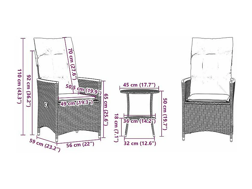 Ensemble de bistro 3 pcs avec coussins noir résine tressée