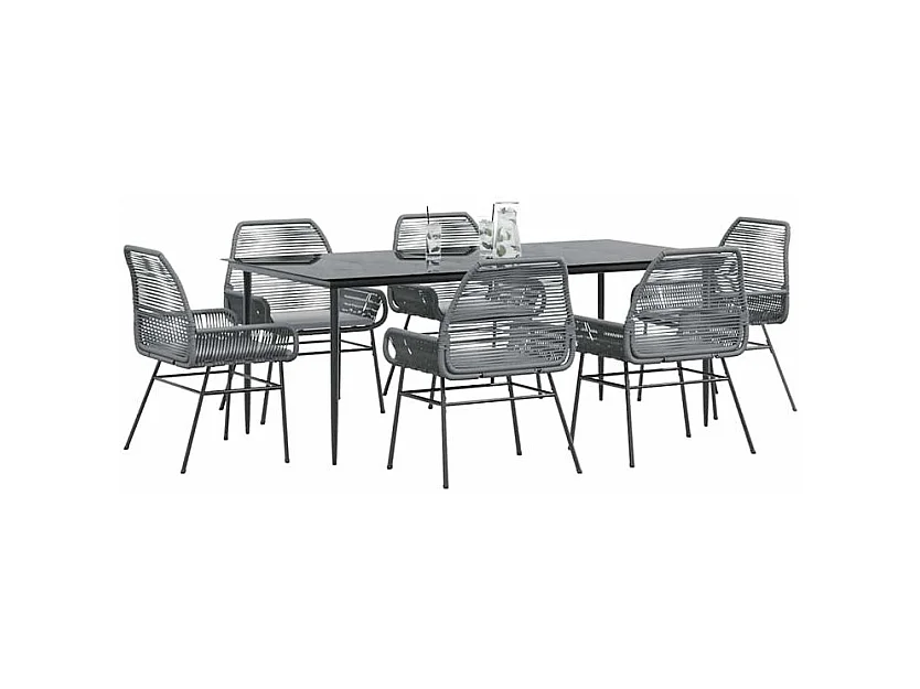 Ensemble à manger jardin coussins 7 pcs gris poly rotin verre