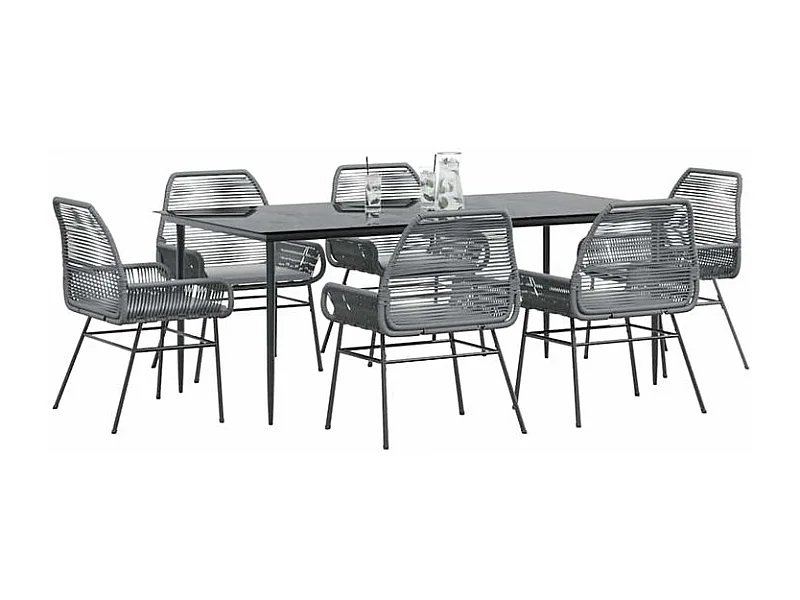 Ensemble à manger jardin coussins 7 pcs gris poly rotin verre