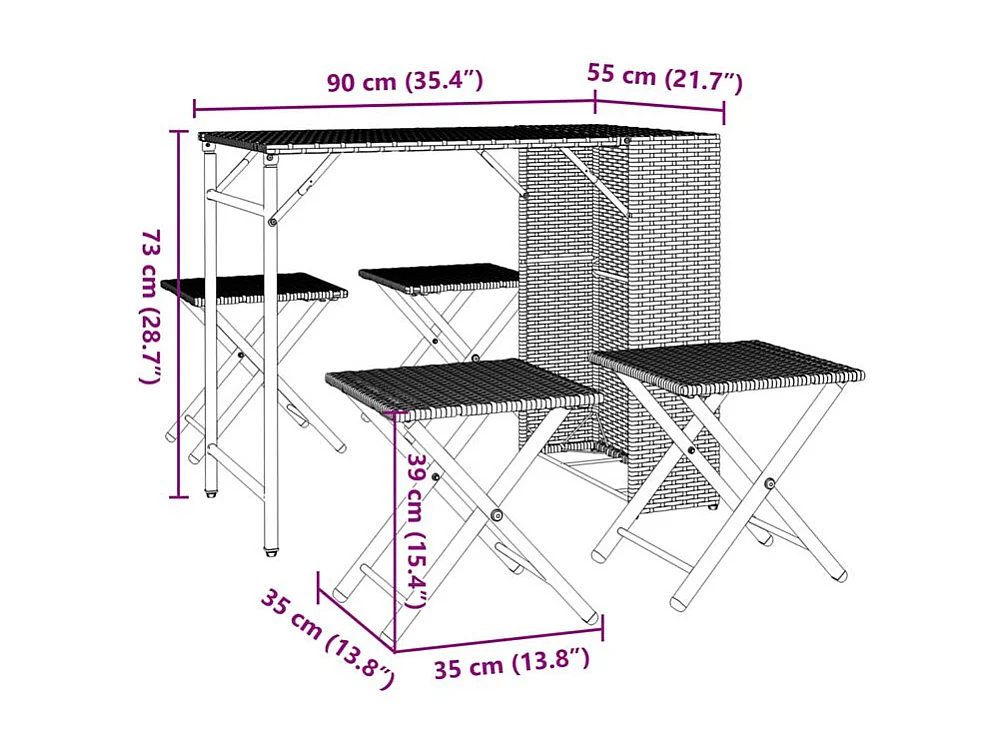 Ensemble à manger de jardin 5 pcs pliable noir résine tressée
