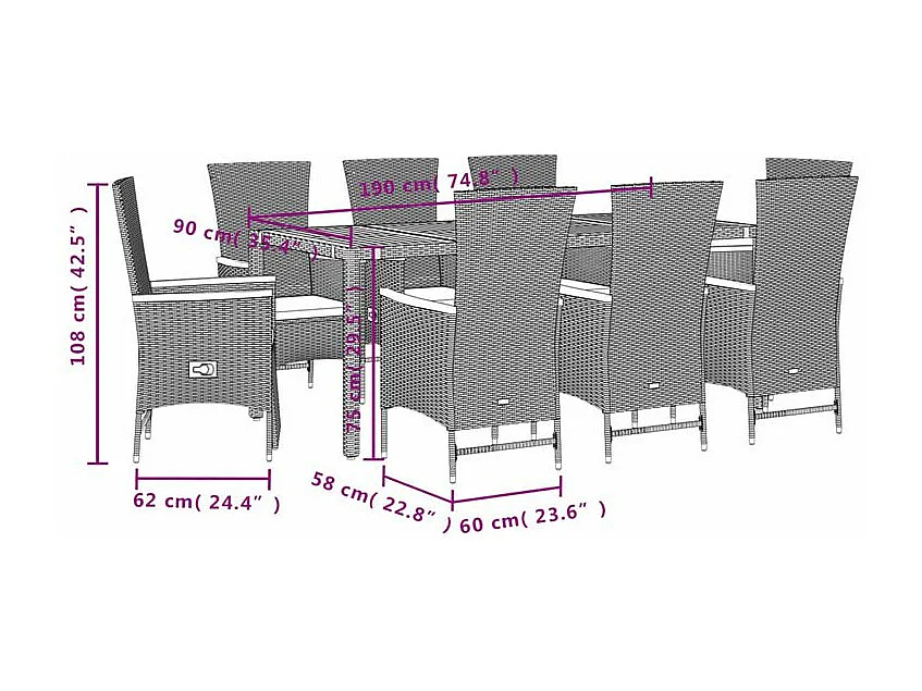 Ensemble à manger de jardin 9pcs coussins noir résine tressée