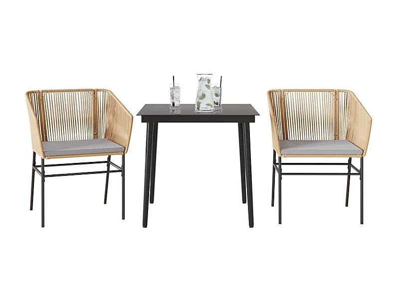 Ensemble à manger jardin coussins 3pcs marron poly rotin verre