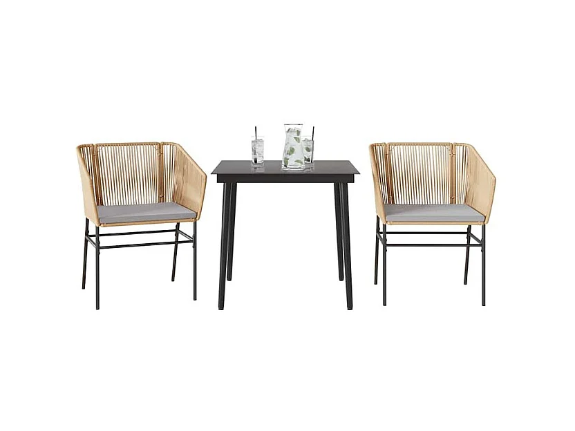 Ensemble à manger jardin coussins 3pcs marron poly rotin verre