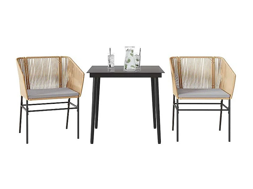 Ensemble à manger jardin coussins 3pcs marron poly rotin verre