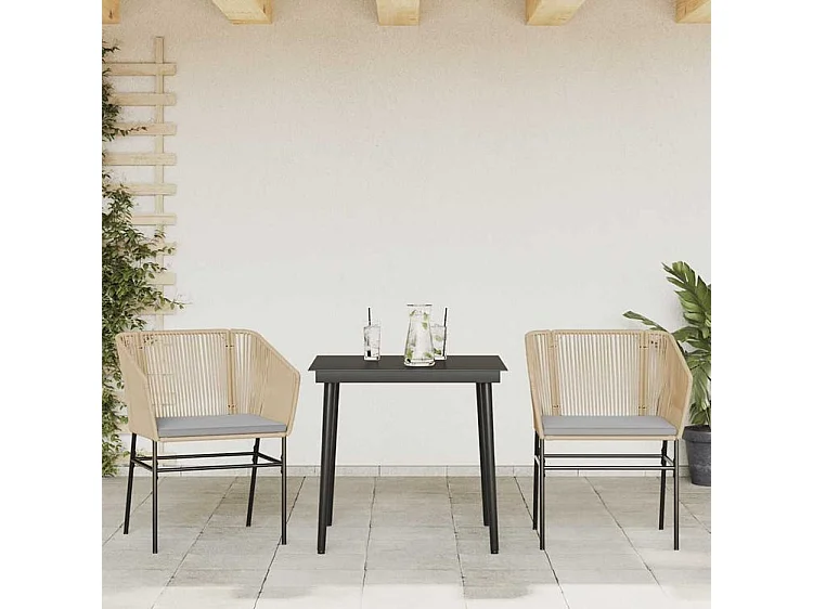 Ensemble à manger jardin coussins 3pcs marron poly rotin verre