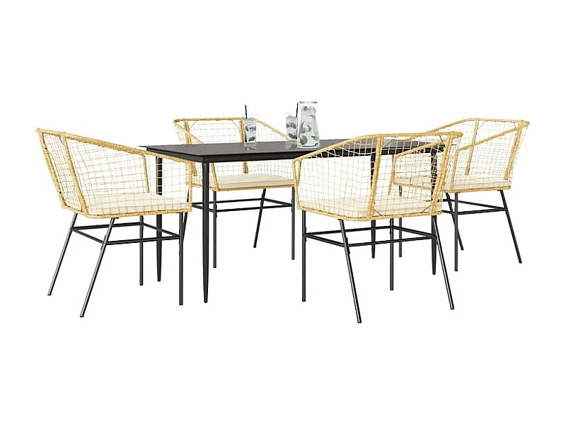 Ensemble à manger jardin coussins 5pcs marron poly rotin verre