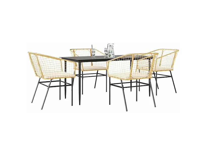 Ensemble à manger jardin coussins 5pcs marron poly rotin verre