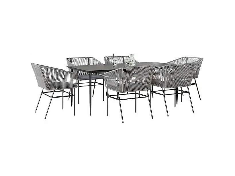Ensemble à manger jardin coussins 7 pcs gris poly rotin verre