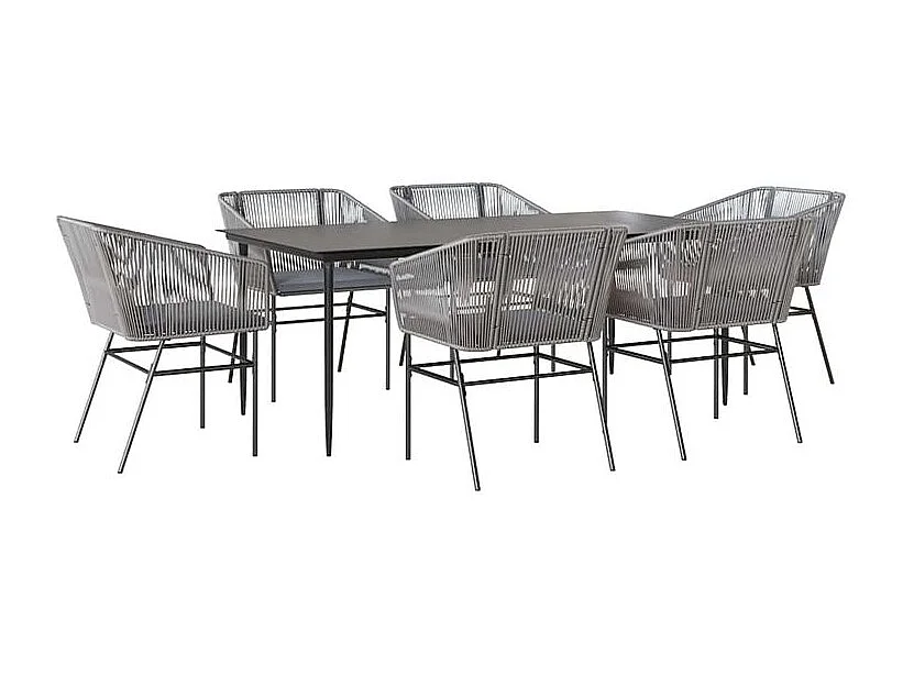 Ensemble à manger jardin coussins 7 pcs gris poly rotin verre