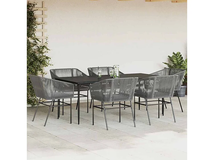 Ensemble à manger jardin coussins 7 pcs gris poly rotin verre