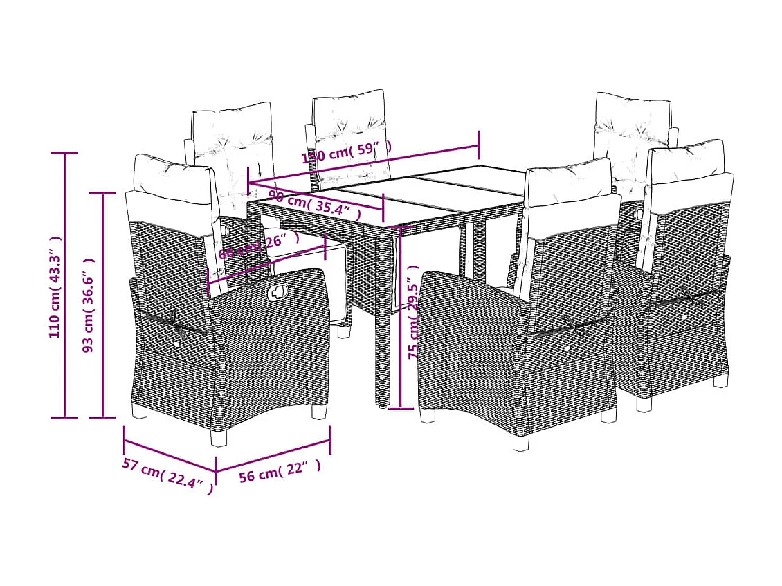 Ensemble à manger de jardin coussins 7pcs Noir Résine tressée