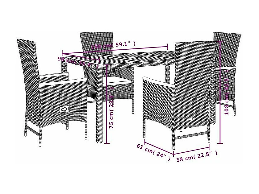 Ensemble à manger de jardin coussins 5pcs Noir Résine tressée