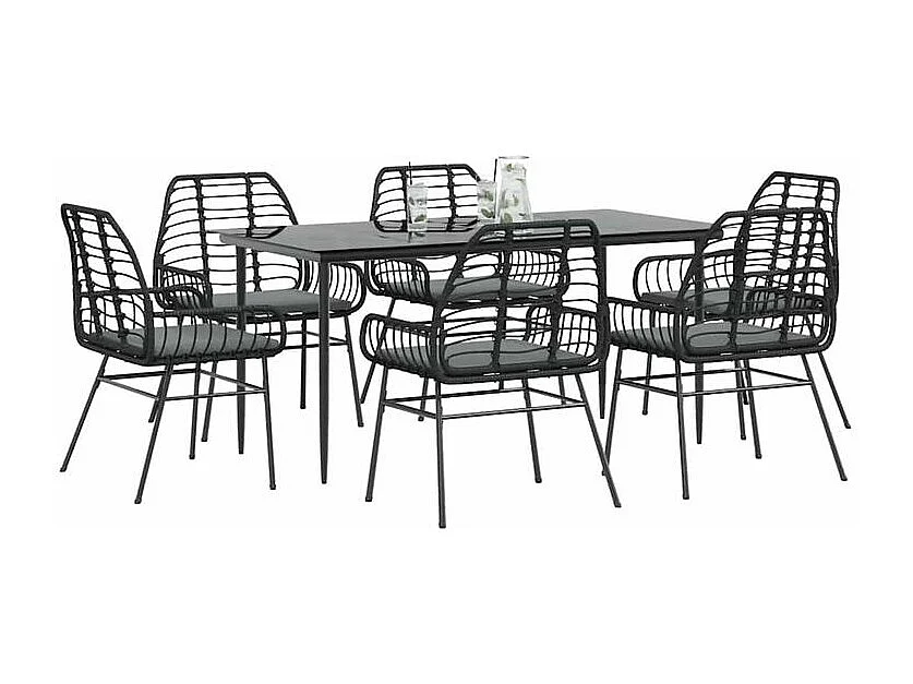 Ensemble à manger de jardin coussins 7pcs noir poly rotin verre