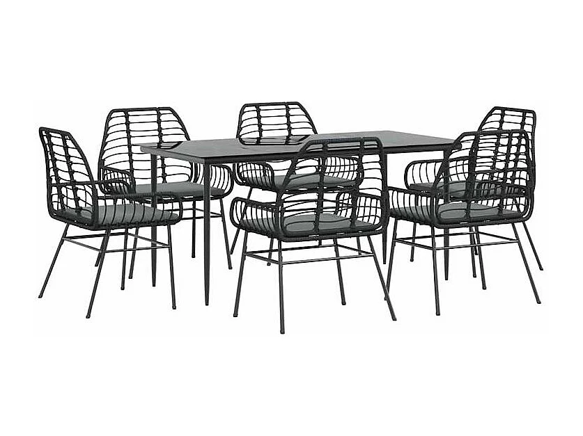 Ensemble à manger de jardin coussins 7pcs noir poly rotin verre