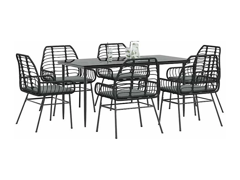 Ensemble à manger de jardin coussins 7pcs noir poly rotin verre