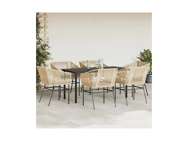 Ensemble à manger jardin coussins 7pcs marron poly rotin verre