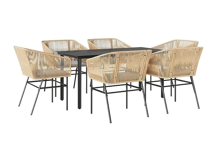 Ensemble à manger jardin coussins 7pcs marron poly rotin verre