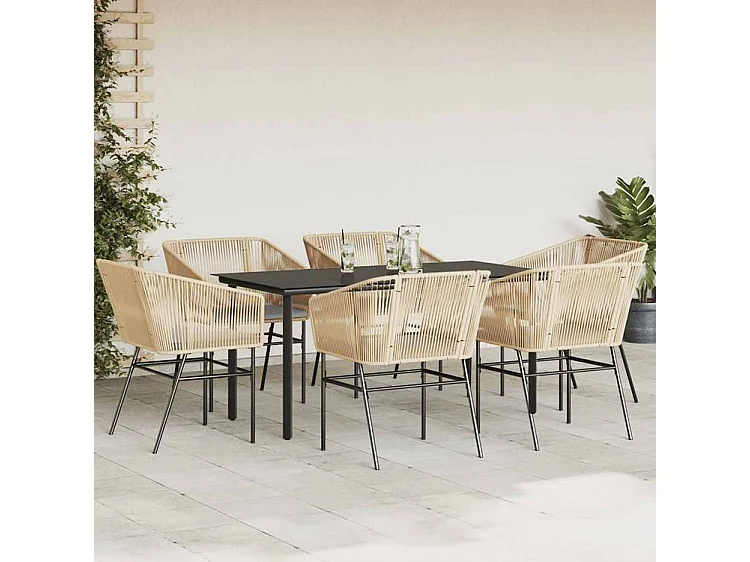 Ensemble à manger jardin coussins 7pcs marron poly rotin verre