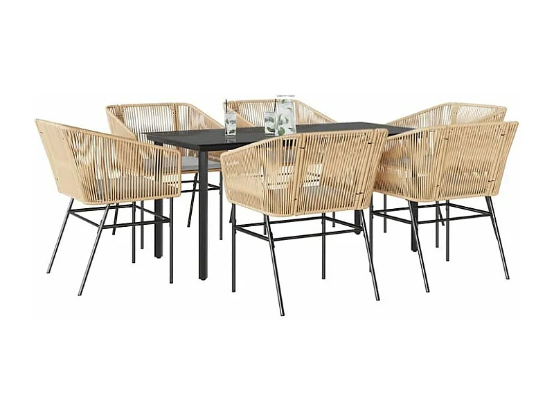 Ensemble à manger jardin coussins 7pcs marron poly rotin verre