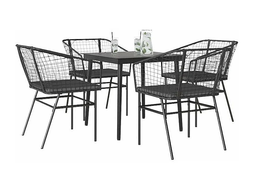 Ensemble à manger de jardin et coussins 5 pcs noir rotin verre