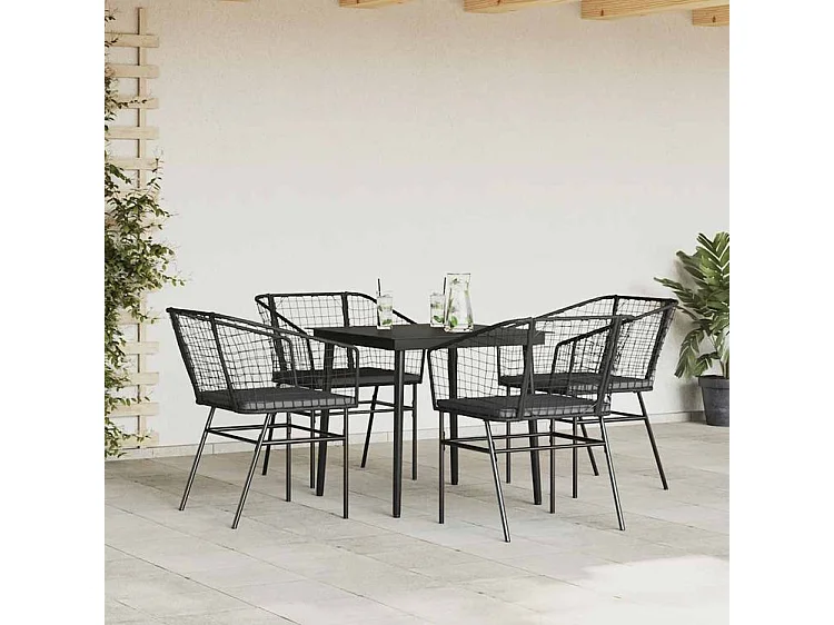 Ensemble à manger de jardin et coussins 5 pcs noir rotin verre