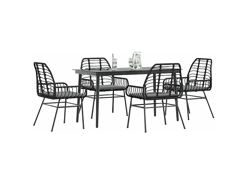 Ensemble à manger de jardin et coussins 5 pcs noir rotin verre