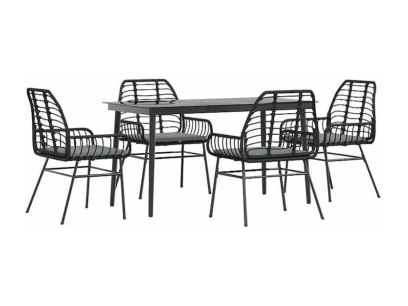 Ensemble à manger de jardin et coussins 5 pcs noir rotin verre