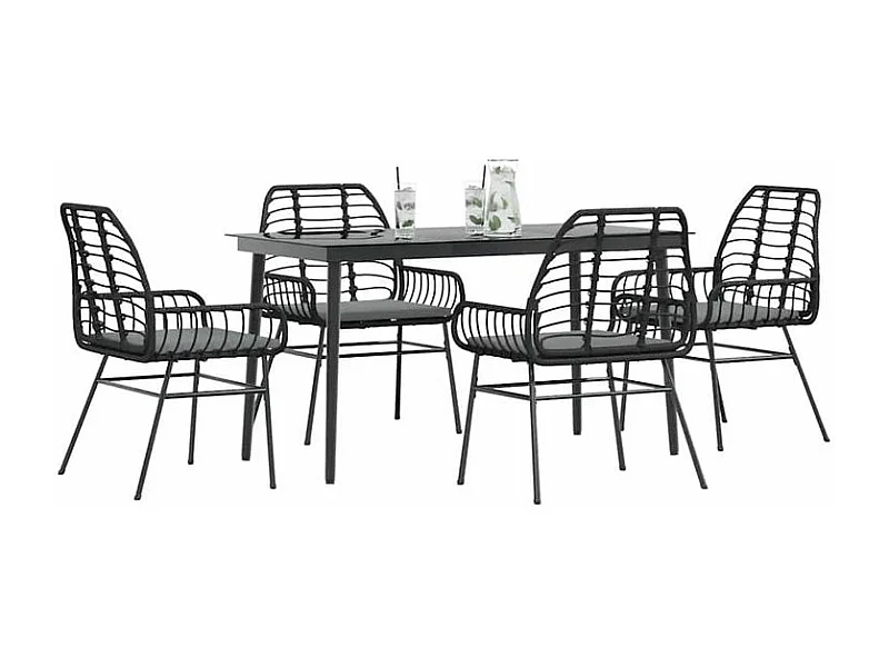 Ensemble à manger de jardin et coussins 5 pcs noir rotin verre