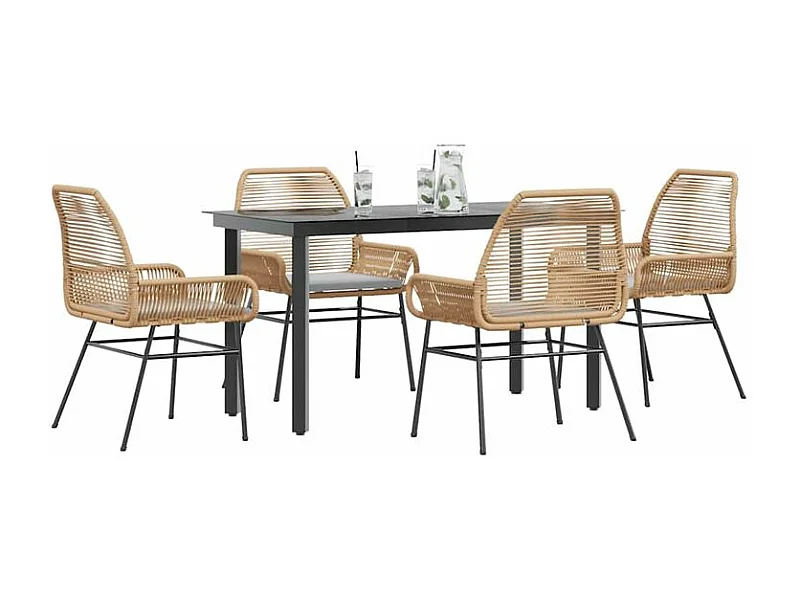 Ensemble à manger jardin coussins 5pcs marron poly rotin verre