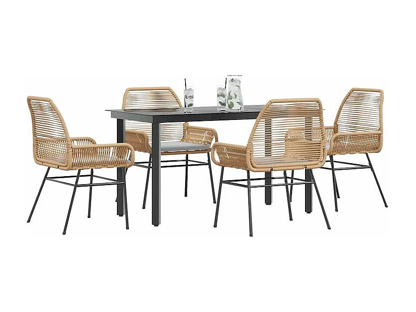 Ensemble à manger jardin coussins 5pcs marron poly rotin verre