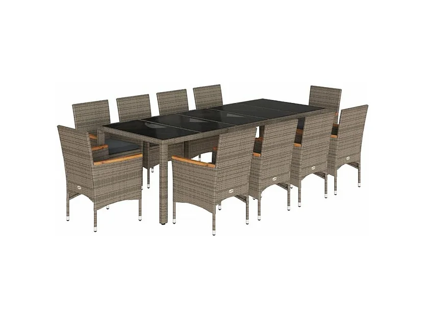 Ensemble à manger de jardin et coussins 11 pcs gris rotin verre