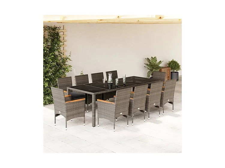 Ensemble à manger de jardin et coussins 11 pcs gris rotin verre