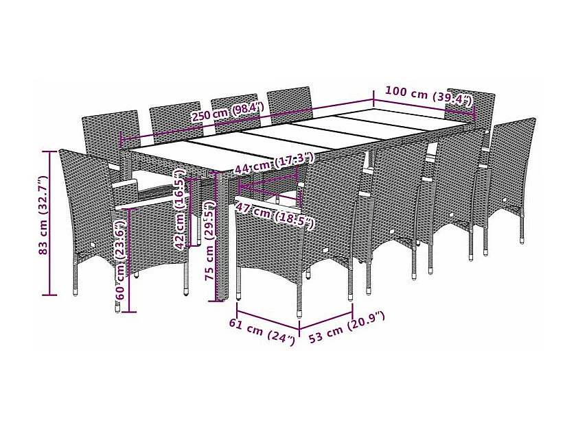 Ensemble à manger de jardin et coussins 11 pcs gris rotin verre