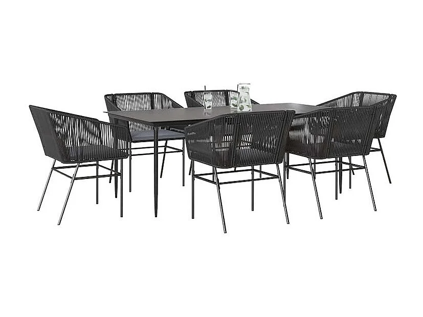 Ensemble à manger de jardin coussins 7pcs noir poly rotin verre