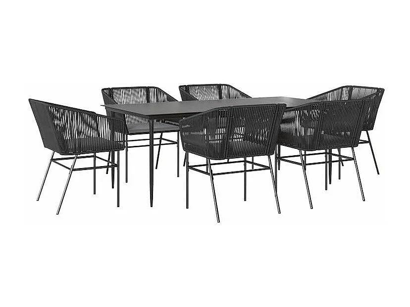 Ensemble à manger de jardin coussins 7pcs noir poly rotin verre