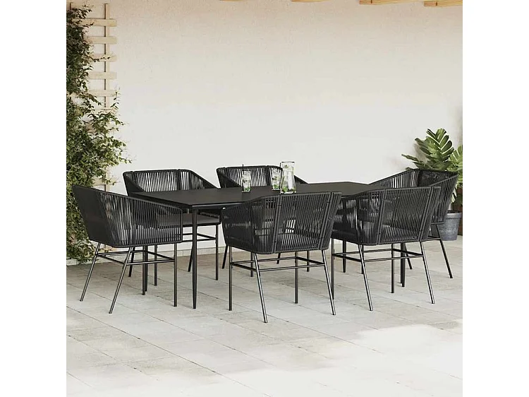 Ensemble à manger de jardin coussins 7pcs noir poly rotin verre