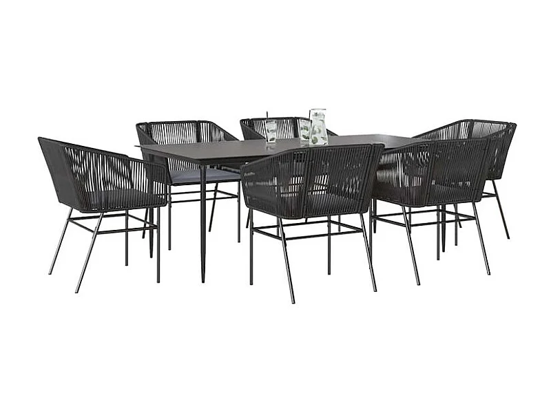 Ensemble à manger de jardin coussins 7pcs noir poly rotin verre