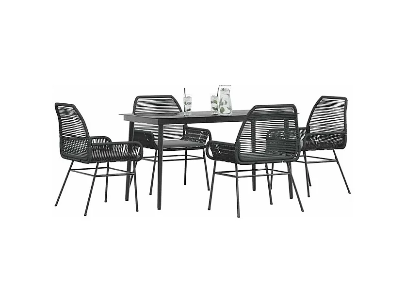 Ensemble à manger de jardin et coussins 5 pcs noir rotin verre
