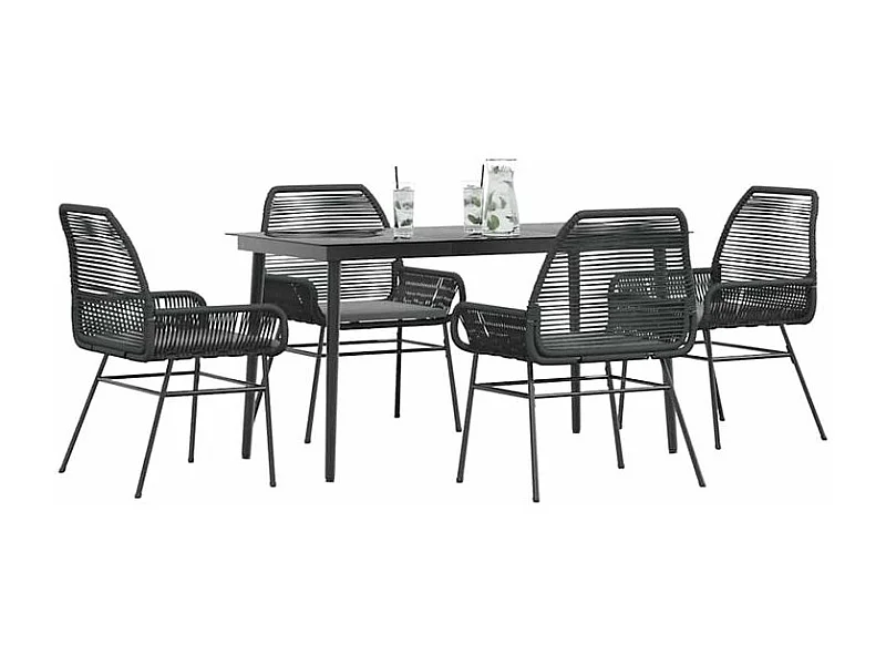 Ensemble à manger de jardin et coussins 5 pcs noir rotin verre