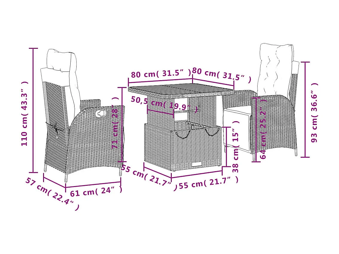 Ensemble à manger de jardin et coussins 3 pcs Beige poly rotin