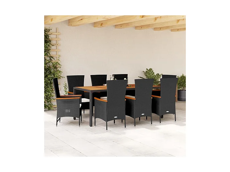 Ensemble à manger de jardin 9pcs coussins noir résine tressée