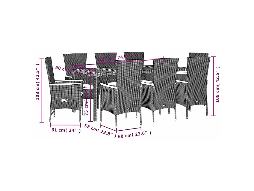 Ensemble à manger de jardin 9pcs coussins noir résine tressée