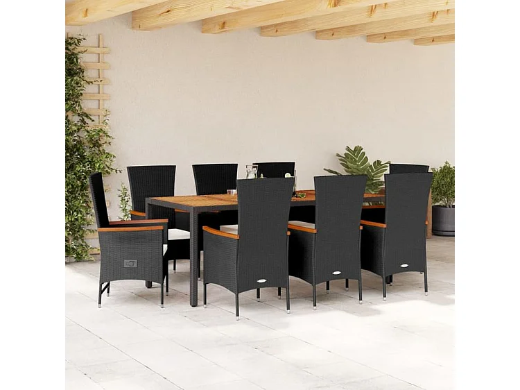 Ensemble à manger de jardin 9pcs coussins noir résine tressée