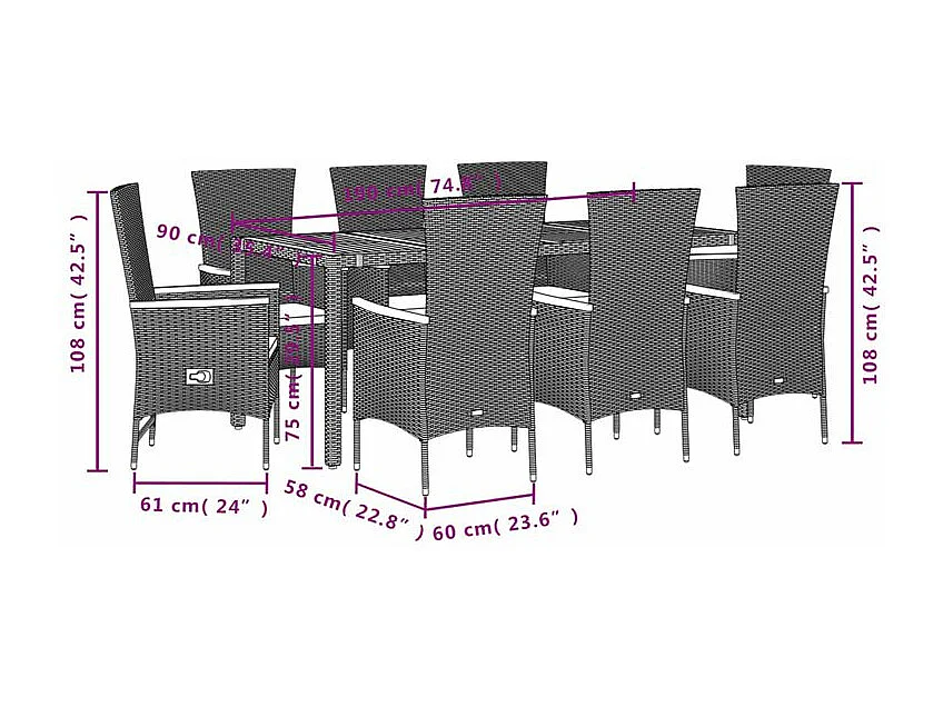 Ensemble à manger de jardin 9pcs coussins noir résine tressée