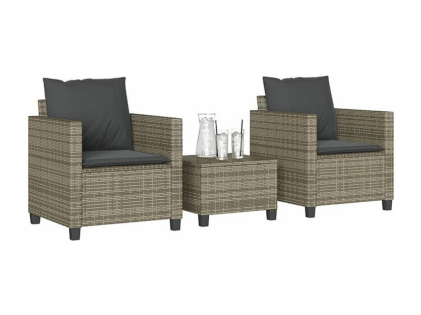 Ensemble de bistro 3 pcs avec coussins gris résine tressée