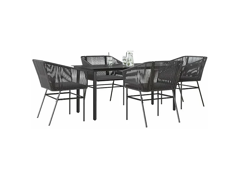 Ensemble à manger de jardin et coussins 5 pcs noir rotin verre