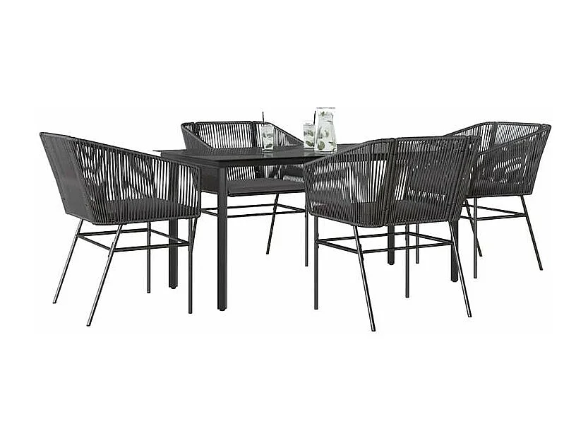 Ensemble à manger de jardin et coussins 5 pcs noir rotin verre