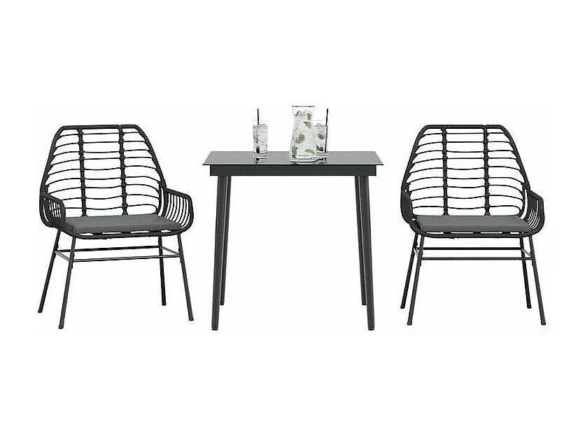Ensemble à manger de jardin et coussins 3 pcs noir rotin verre