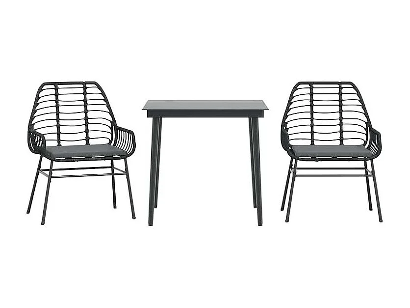 Ensemble à manger de jardin et coussins 3 pcs noir rotin verre